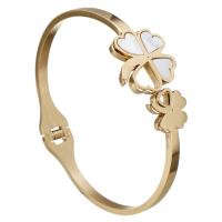 Stainless Steel Bangle, with White Shell, Four Leaf Clover, gold color plated, for woman 4mm, Inner Approx 
