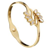 Stainless Steel Bangle, with White Shell, Leaf, gold color plated, for woman, 25mm, 5mm, Inner Approx 