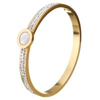 Stainless Steel Bangle, with Rhinestone Clay Pave & White Shell, Flat Round, gold color plated, for woman 6mm, Inner Approx 