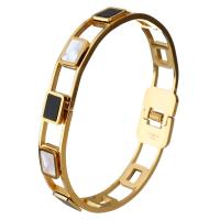 Stainless Steel Bangle, with White Shell & Resin, Rectangle, gold color plated, for woman 10mm, Inner Approx 