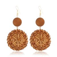 Rattan Drop Earring, with Wood & Zinc Alloy, Round, gold color plated, for woman 