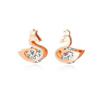 Titanium Steel Stud Earring, Swan, rose gold color plated, for woman & with cubic zirconia, 12mm 