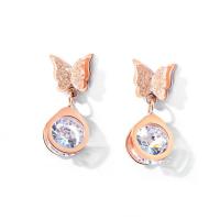 Titanium Steel Drop Earring, Butterfly, rose gold color plated, for woman & with cubic zirconia, 22mm 