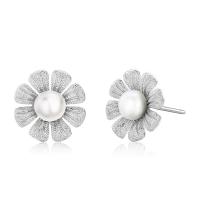 925 Sterling Silver Stud Earring, with Shell Pearl, Flower, natural, for woman & with cubic zirconia 