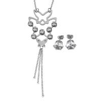 Joyería de acero inoxidable de diamantes de imitación, pendiente & collar, cadena oval & para mujer & con diamantes de imitación, color original, 37x52mm, 2mm, 9mm, longitud:aproximado 18 Inch, Vendido por Set