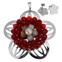 Stainless Steel Jewelry Set, pendant & earring, with Agate & Glass Pearl, Flower, for woman & faceted, original color  Approx 