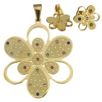 Rhinestone stainless steel Jewelry Set, pendant & earring, Flower, gold color plated, for woman & with rhinestone  Approx 
