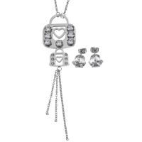 Rhinestone stainless steel Jewelry Set, earring & necklace, oval chain & for woman & with rhinestone, original color 2mm, 9mm Approx 18 Inch 