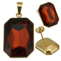 Stainless Steel Jewelry Set, pendant & earring, with Crystal, Rectangle, gold color plated, for woman & faceted  Approx 