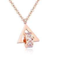 Titanium Steel Jewelry Necklace, with 2inch extender chain, Triangle, rose gold color plated, adjustable & oval chain & with rhinestone, 17mm Approx 15 Inch 