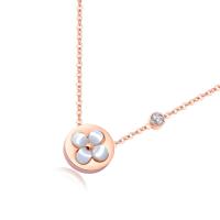 Titanium Steel Necklace, with White Shell, with 2inch extender chain, Flower, rose gold color plated, adjustable & oval chain & with rhinestone, 12mm Approx 16 Inch 