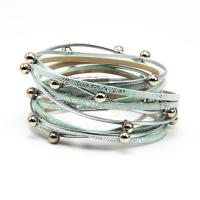 PU Leather Bracelet, with Plastic Pearl & Zinc Alloy, silver color plated, multilayer & folk style & Unisex Approx 15 Inch 