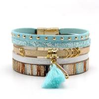 PU Leather Bracelet, with Cotton Cord & Zinc Alloy, Tassel, gold color plated, multilayer & folk style Approx 7 Inch 