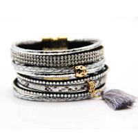 PU Leather Bracelet, with Cotton Cord & Zinc Alloy, Tassel, gold color plated, multilayer & folk style & anti-fatigue & with rhinestone Approx 7.5 Inch 