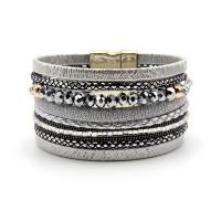 PU Leather Bracelet, with Crystal & Zinc Alloy, gold color plated, multilayer & folk style Approx 7.5 Inch 