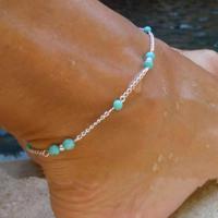 alliage de zinc bracelet de cheville, avec turquoise, Placage de couleur argentée, chaîne ovale & pour femme Environ 7 pouce, Vendu par brin