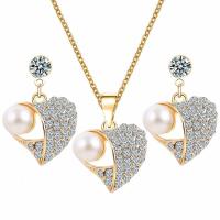 Zinc Alloy Jewelry Set, earring & necklace, with Glass Pearl, gold color plated, for woman & with rhinestone Approx 15.7 Inch 