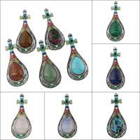 Gemstone Zinc Alloy Pendants, with Zinc Alloy, Teardrop, antique silver color plated & can be used as brooch or pendant & enamel Approx 