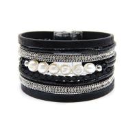 PU Leather Bracelet, with Plastic Pearl & Stainless Steel, gold color plated, multilayer & with rhinestone Approx 7 Inch 