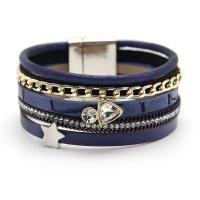PU Leather Bracelet, with Stainless Steel, Star, gold color plated, multilayer & with rhinestone Approx 7.5 Inch 