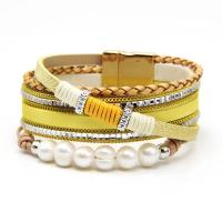 PU Leather Bracelet, with Plastic Pearl & Zinc Alloy, plated, multilayer & with rhinestone Approx 7 Inch 