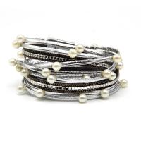 PU Leather Bracelet, with Plastic Pearl & Zinc Alloy, plated, multilayer & folk style & with rhinestone Approx 15 Inch 