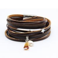 PU Leather Bracelet, with Crystal & Plastic Pearl & Zinc Alloy, Star, gold color plated, multilayer Approx 15 Inch 