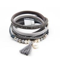 PU Leather Bracelet, with Cotton Cord & Crystal & Plastic Pearl & Zinc Alloy, Tassel, plated, multilayer & with rhinestone Approx 15 Inch 