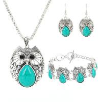 Zinc Alloy Jewelry Set, bracelet & earring & necklace, with Synthetic Turquoise, Owl, antique silver color plated, vintage & lantern chain US Ring .5 Approx 8 Inch, Approx  23 Inch 