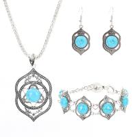 Zinc Alloy Jewelry Set, bracelet & earring & necklace, with Synthetic Turquoise, Geometrical Pattern, antique silver color plated, vintage & lantern chain Approx 8 Inch, Approx  23 Inch 