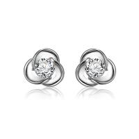 Sterling Silver Stud Earring, 925 Sterling Silver, Three Leaf Clover, platinum plated, for woman & with rhinestone 