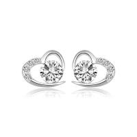 Sterling Silver Stud Earring, 925 Sterling Silver, Heart, platinum plated, for woman & with cubic zirconia 