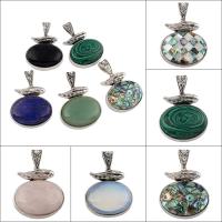 Gemstone Zinc Alloy Pendants, with Zinc Alloy, Flat Oval, antique silver color plated Approx 