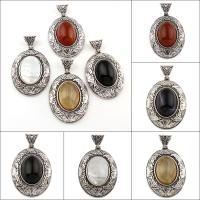 Gemstone Zinc Alloy Pendants, with Zinc Alloy, Flat Oval, antique silver color plated Approx 