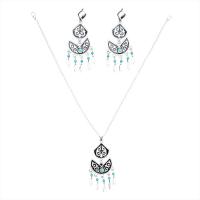 Turquoise Zinc Alloy Jewelry Sets, earring & necklace, with Synthetic Turquoise, silver color plated, oval chain & for woman & blacken Approx 15.7 Inch 