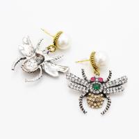 Zinc Alloy Rhinestone Drop Earring, with Plastic Pearl, Bee, plated, for woman & with rhinestone 
