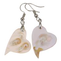 White Shell Earrings, Brass, with White Shell, Heart, silver color plated, for woman, 51mm 