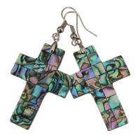 Brass Drop Earring, with Abalone Shell, Cross, silver color plated, for woman, 60mm 