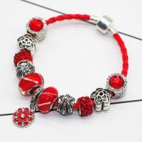 Zinc Alloy European Bracelets, with leather cord & Rhinestone Clay Pave & Lampwork, Flower, plated, braided bracelet & charm bracelet & for woman & enamel, red Approx 7.4 Inch 