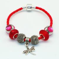 Zinc Alloy European Bracelets, with leather cord & Crystal, Dragonfly, plated, braided bracelet & charm bracelet & for woman & faceted, red Approx 7.4 Inch 