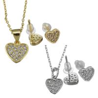 Cubic Zirconia Micro Pave Brass Jewelry Sets, earring & necklace, with rubber earnut, with 1Inch extender chain, Heart, plated, oval chain & micro pave cubic zirconia & for woman 1mm Approx 16 Inch 