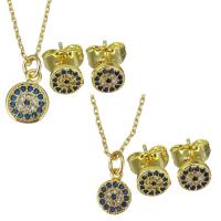 Cubic Zirconia Micro Pave Brass Jewelry Sets, earring & necklace, with 1Inch extender chain, Flat Round, real gold plated & oval chain & micro pave cubic zirconia & for woman Approx 16 Inch 