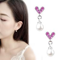 Brass Drop Earring, with Plastic Pearl, platinum plated, for woman & with rhinestone 
