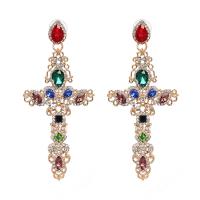 Zinc Alloy Drop Earring, with Crystal, Cross, silver color plated, for woman & with rhinestone 