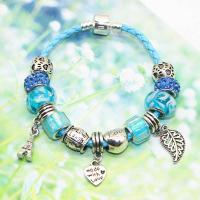 Zinc Alloy European Bracelets, with leather cord & Rhinestone Clay Pave & Lampwork, plated, charm bracelet & Unisex & with letter pattern & with rhinestone Approx 7.4 Inch 