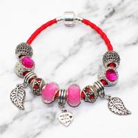 Zinc Alloy European Bracelets, with leather cord & Crystal & Lampwork, word made with love, plated, charm bracelet & with letter pattern & for woman & faceted & with rhinestone Approx 7.4 Inch 