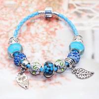 Zinc Alloy European Bracelets, with leather cord & Rhinestone Clay Pave & Lampwork, plated, charm bracelet & for woman & with rhinestone Approx 7.4 Inch 