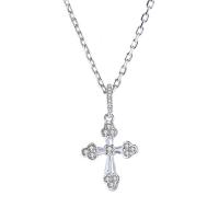 Cubic Zirconia Sterling Silver Necklace, 925 Sterling Silver, with 1.96inch extender chain, Cross, platinum plated, oval chain & for woman & with cubic zirconia Approx 16.1 Inch 