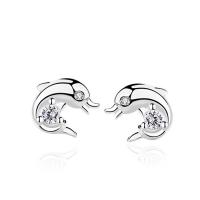 Sterling Silver Stud Earring, Argent sterling 925, dauphin, Plaqué de platine, pour femme & avec zircone cubique Vendu par paire