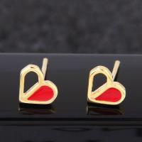 Brass Stud Earring, Heart, real gold plated, for woman & enamel, nickel, lead & cadmium free, 7mm 